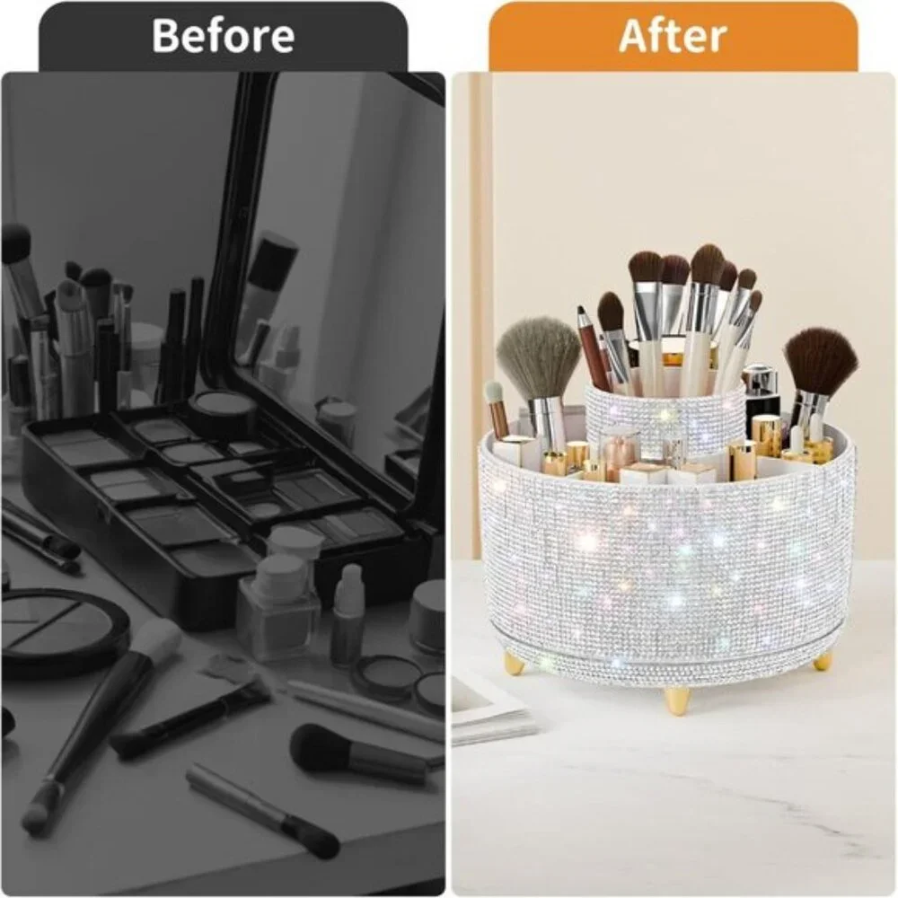 New Bling Diamond Makeup Brush Holder, 360° Rotating Organizer with 5 Slots